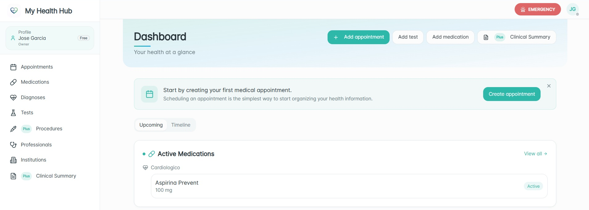 My Health Hub Dashboard showing Appointments, Medications, Diagnoses, and Tests, with guidance to create the first medical appointment and an active medication