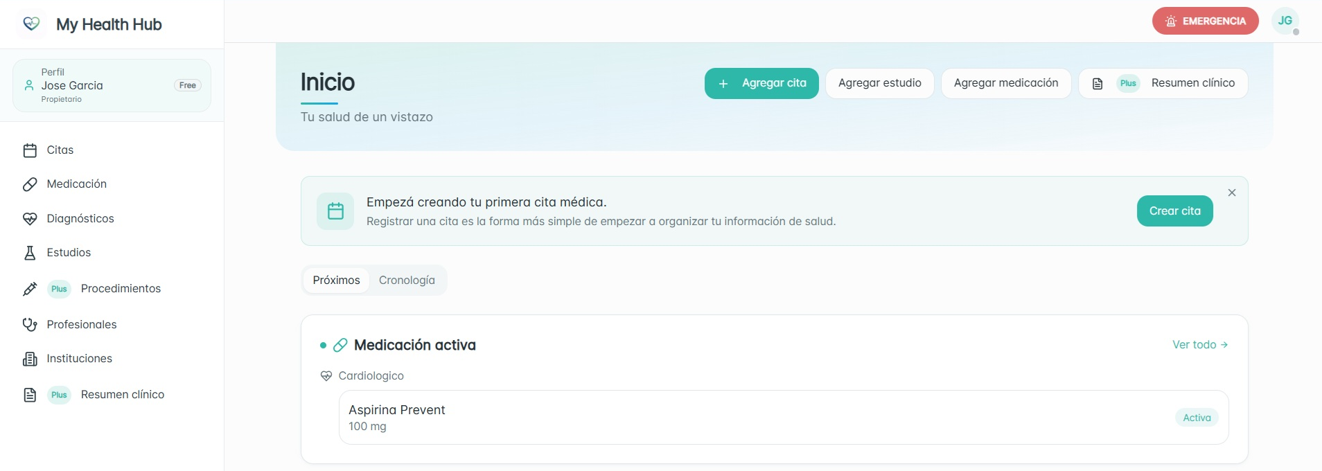 Pantalla Inicio de My Health Hub con las secciones Citas, Medicación, Diagnósticos y Estudios, y la indicación para crear la primera cita